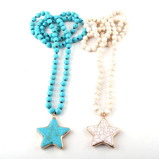 Fashion Bohemian Turquoise White Stone Long Knotted Star Pendant Necklace