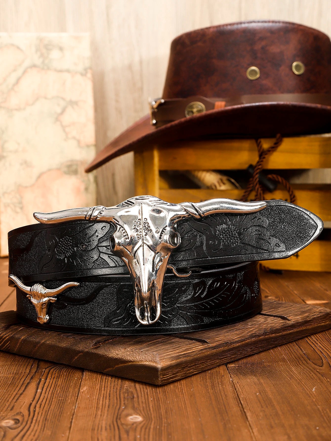 Western Cowboy Pu Leather Belt Black Belt with Long Horn Bull Western Belt Buckle