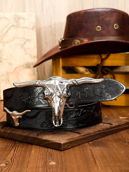 Western Cowboy Pu Leather Belt  Black Belt with Long Horn Bull Western Belt Buckle