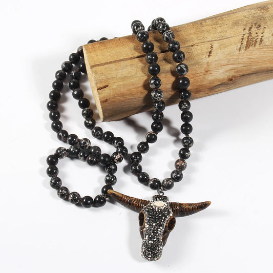 Fashion Boho Women Jewelry Empire Stones Long Knotted Necklace Resin Bull Head Pendant Necklaces