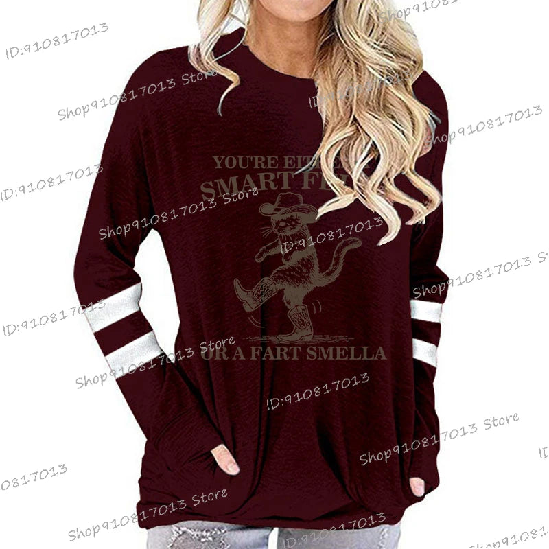 Vintage Western Cowboy Cat T-shirt Women "You're Either A Smart Fella or A Fart Smella" Print T Shirts Long Sleeve Ladies Tshirt
