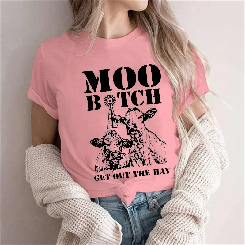 Funny Moo Cow T Shirts for Women Clothes Get Out The Way Shirt Sleeping Cow Tee Animal Lover Tops Cute Kawaii Cow Women Clothing