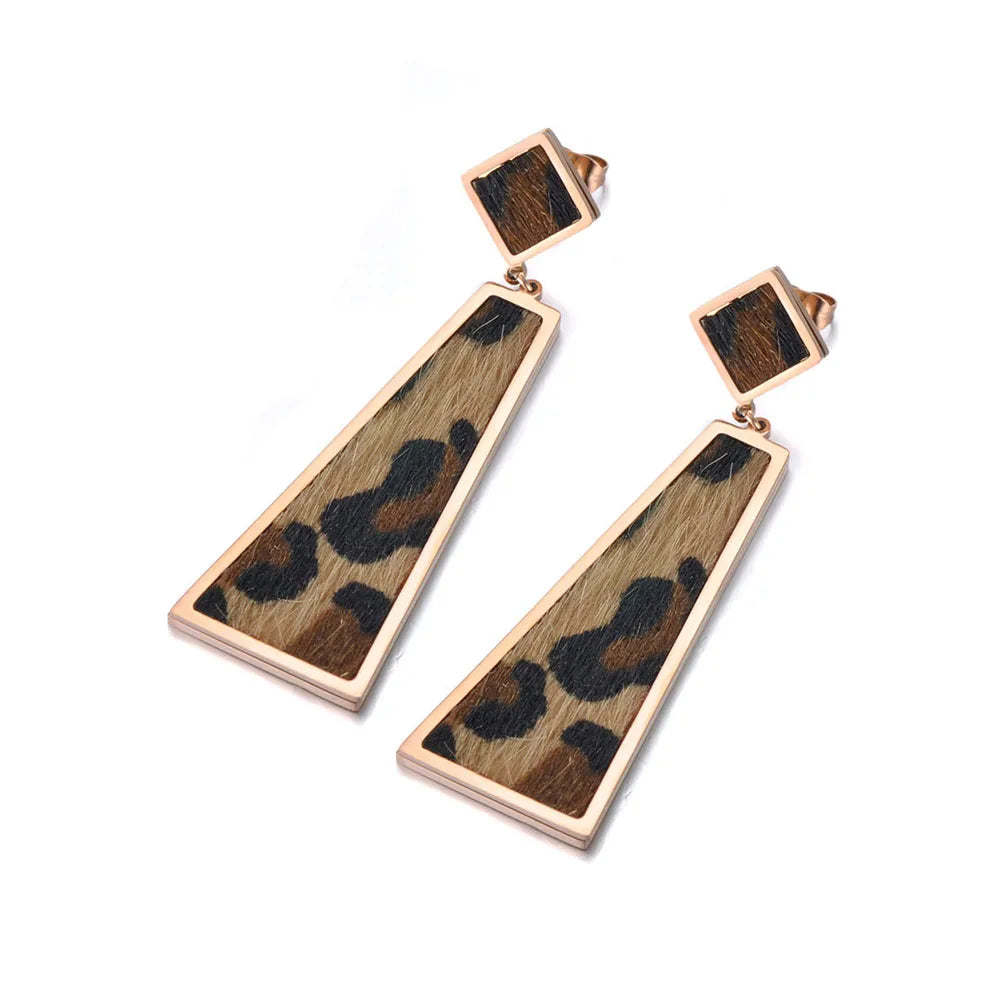 Leopard Leather Geometric Dangle Earrings