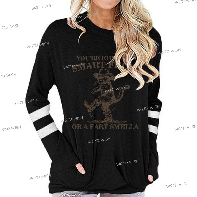 Vintage Western Cowboy Cat T-shirt Women "You're Either A Smart Fella or A Fart Smella" Print T Shirts Long Sleeve Ladies Tshirt