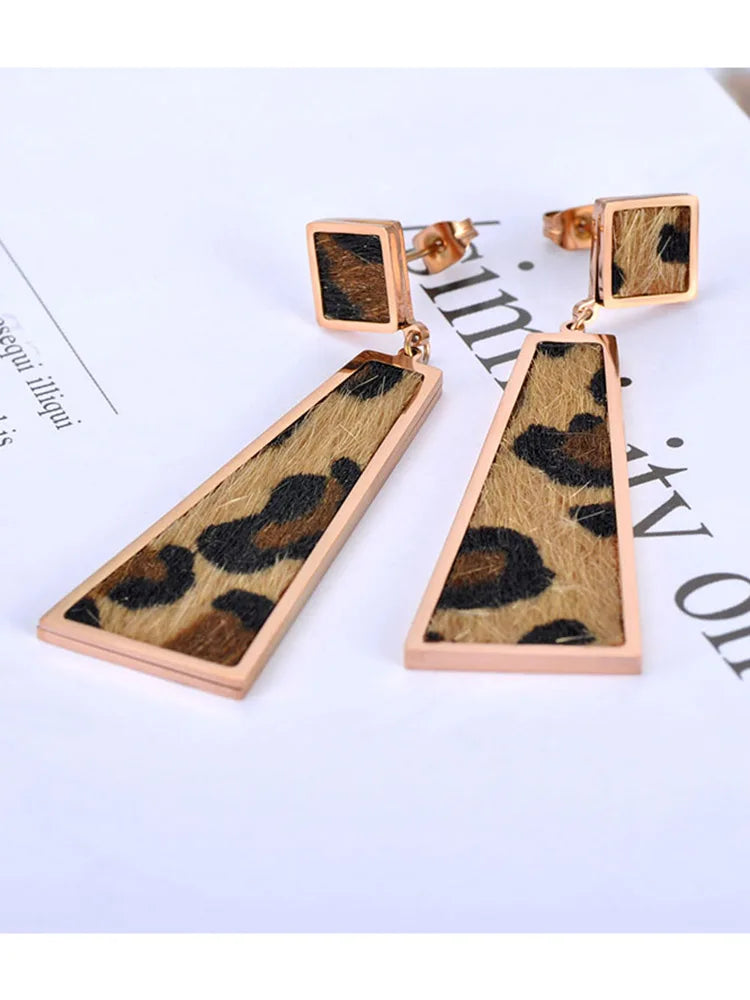 Leopard Leather Geometric Dangle Earrings