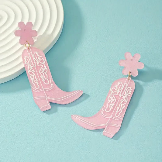 Flower & Western Cowgirl Boots Design Dangle Earrings Cowboy