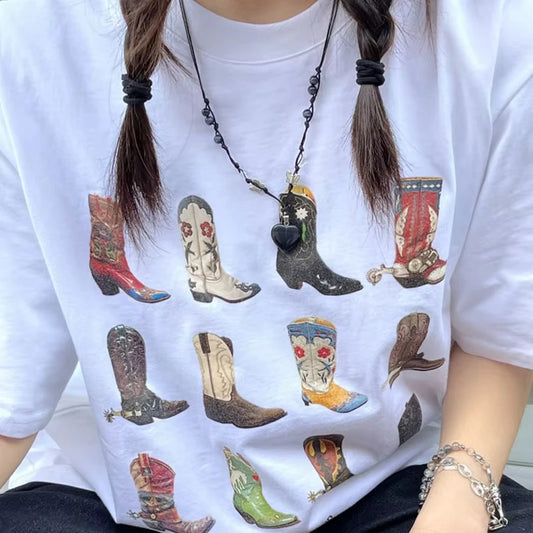 Summer Western Boot Cotton T-Shirt Women Loose Vintage Boho Texas Cowgirl Cowboy Cute Graphic Tees Hippie Oversized Tops