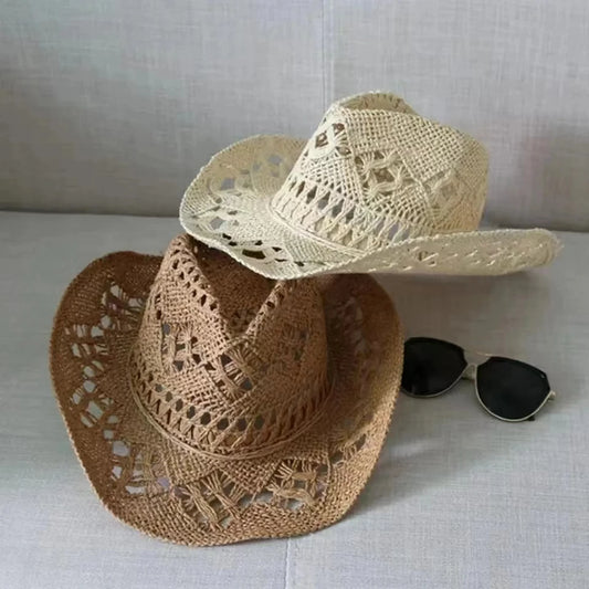 Straw Western Cowboy Hat for Women Men Classic Hollow Out Unisex Curled Wide Brim