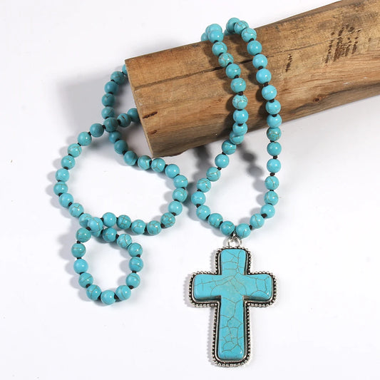 Bohemian western Jewelry 8mm Stone Knotted Cross Pendant Necklace For Women