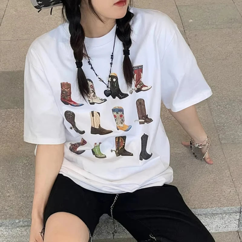 Summer Western Boot Cotton T-Shirt Women Loose Vintage Boho Texas Cowgirl Cowboy Cute Graphic Tees Hippie Oversized Tops