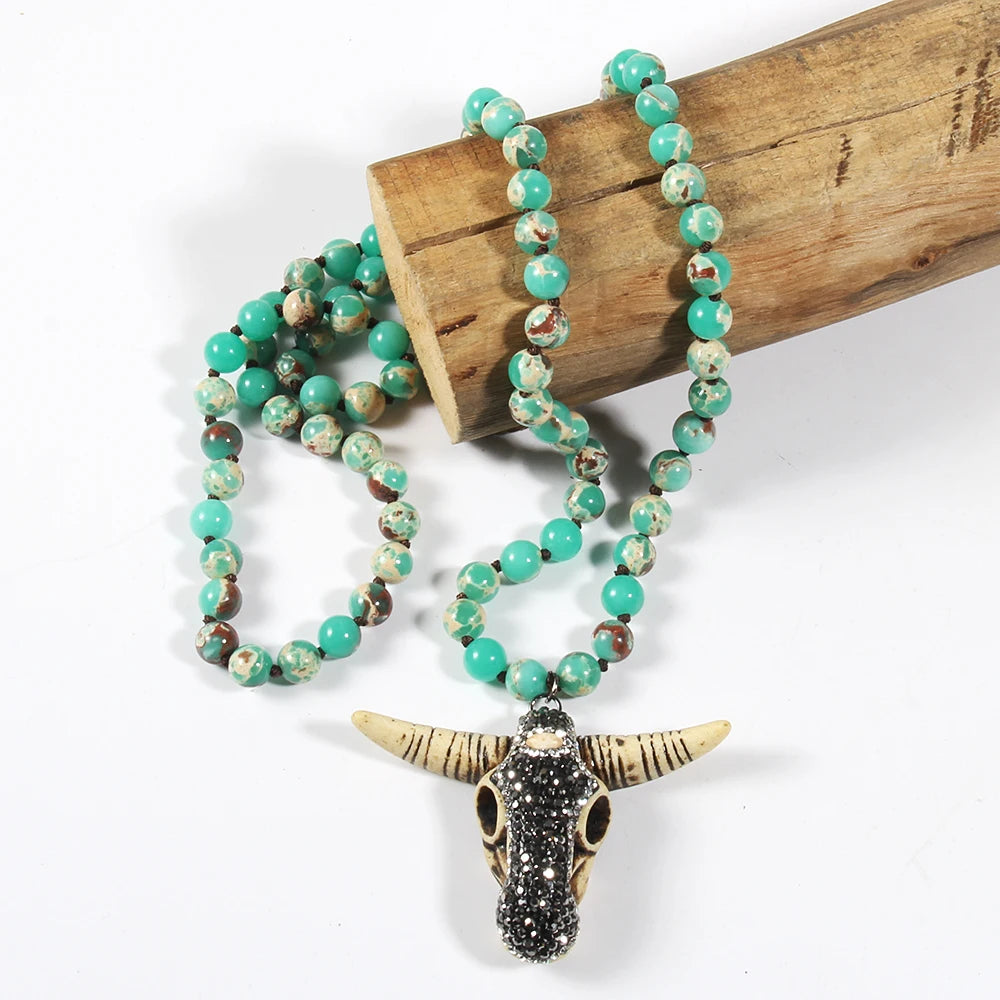 Fashion Boho Women Jewelry Empire Stones Long Knotted Necklace Resin Bull Head Pendant Necklaces