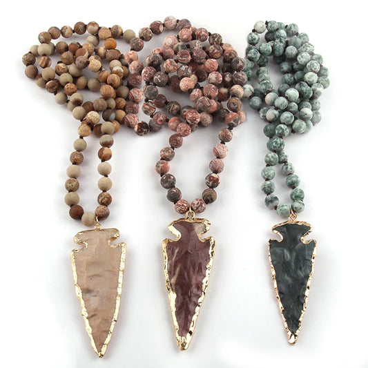 New Fashion Bohemian Tribal Jewelry Natural Stone Knotted Necklaces Arrowhead Pendant Women Ethnic Necklace