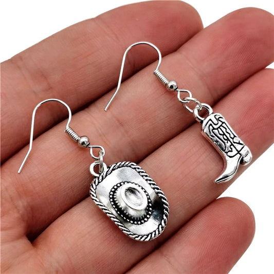 Vintage Style Silvery Cowboy Hat Earrings Cowgirl Boot Pendant Dangle Earrings for Women