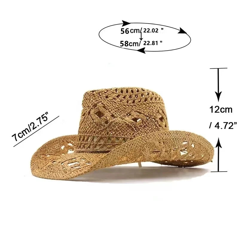 Straw Western Cowboy Hat for Women Men Classic Hollow Out Unisex Curled Wide Brim