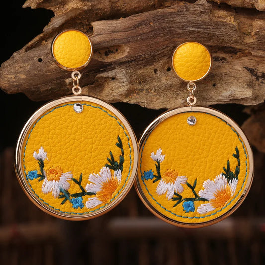 Country Western Leather Embroidery Flowers Earrings