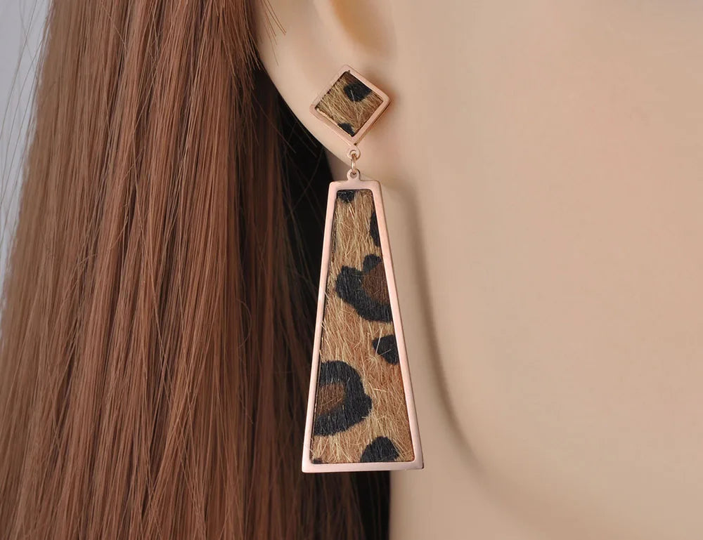 Leopard Leather Geometric Dangle Earrings