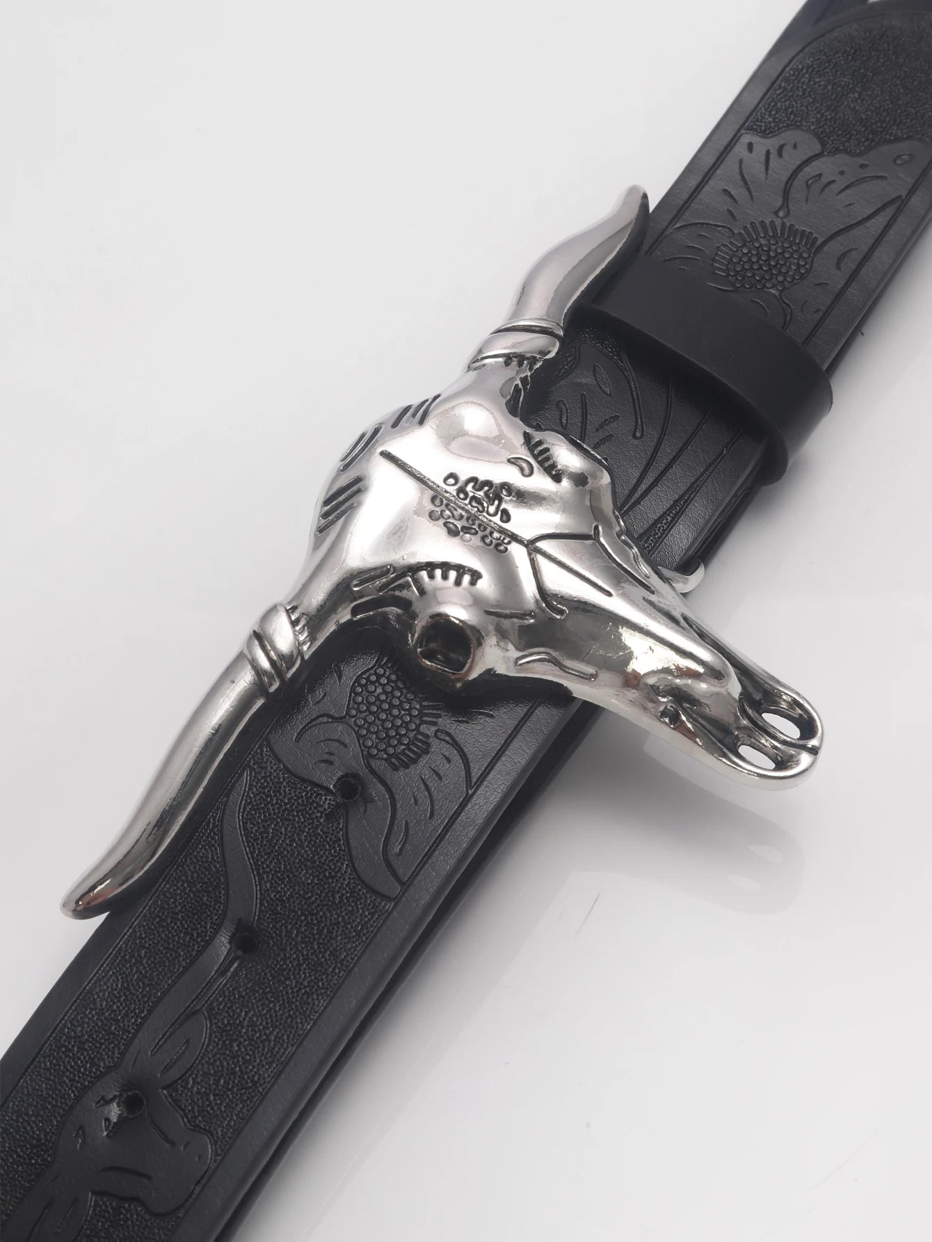 Western Cowboy Pu Leather Belt Black Belt with Long Horn Bull Western Belt Buckle