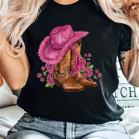 Cute Floral Cowgirl Hat Boot Print Tee