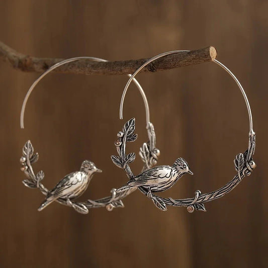 Vintage Bird Leaf Earrings Silver Color
