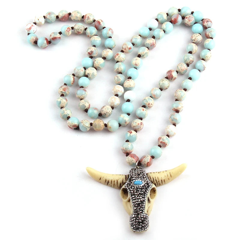 Fashion Boho Women Jewelry Empire Stones Long Knotted Necklace Resin Bull Head Pendant Necklaces