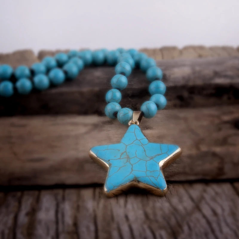 Fashion Bohemian Turquoise White Stone Long Knotted Star Pendant Necklace