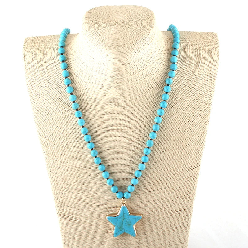 Fashion Bohemian Turquoise White Stone Long Knotted Star Pendant Necklace