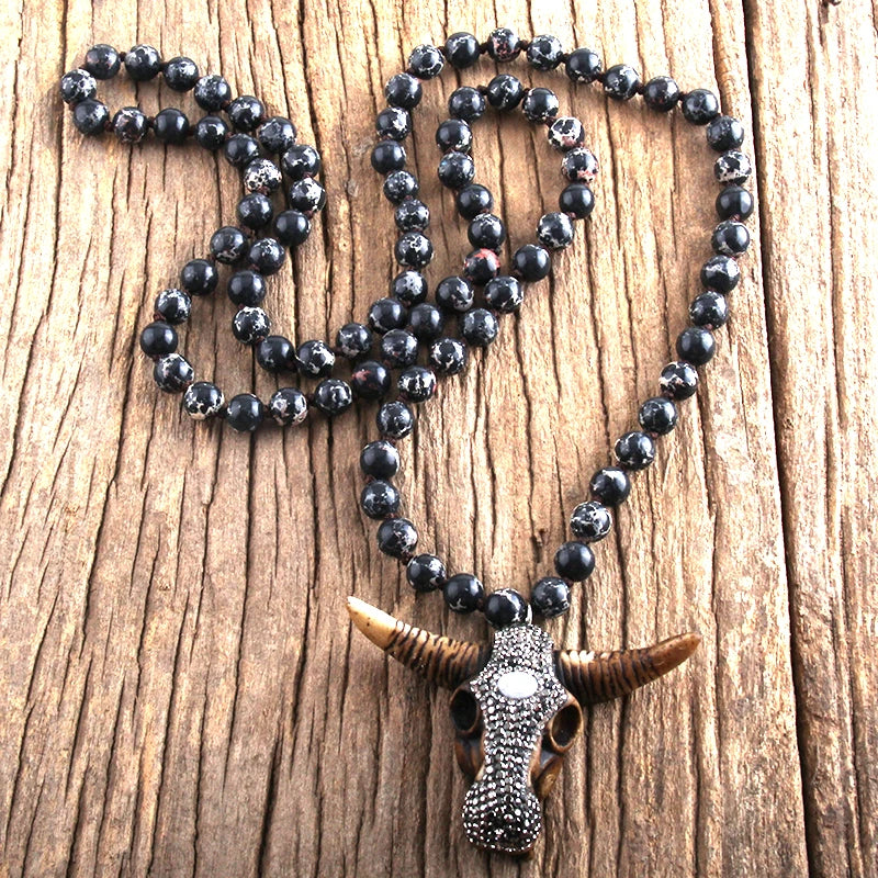 Fashion Boho Women Jewelry Empire Stones Long Knotted Necklace Resin Bull Head Pendant Necklaces