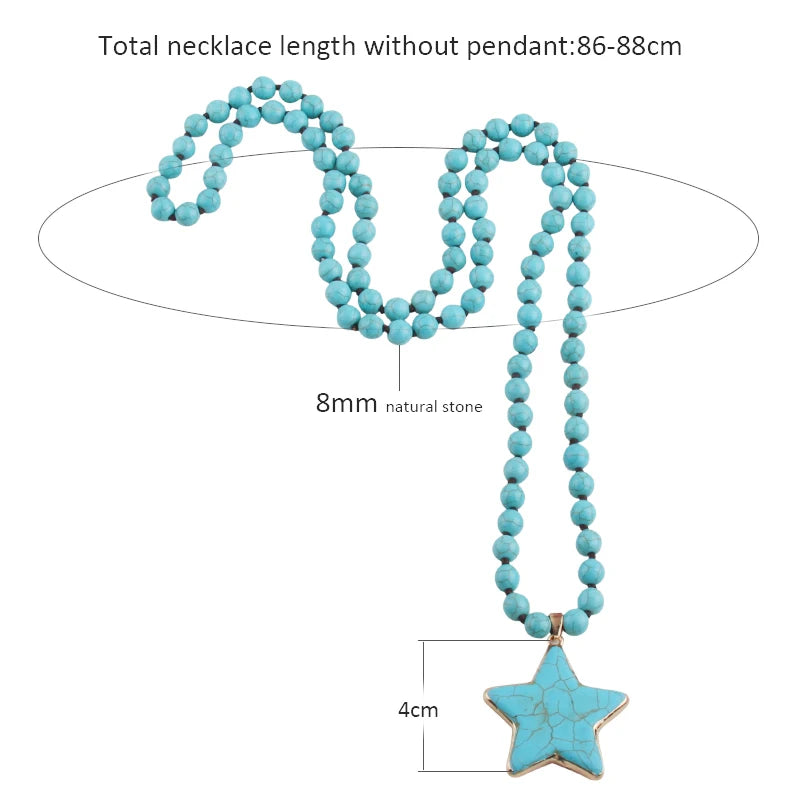 Fashion Bohemian Turquoise White Stone Long Knotted Star Pendant Necklace