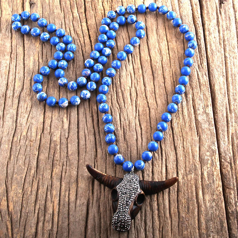 Fashion Boho Women Jewelry Empire Stones Long Knotted Necklace Resin Bull Head Pendant Necklaces