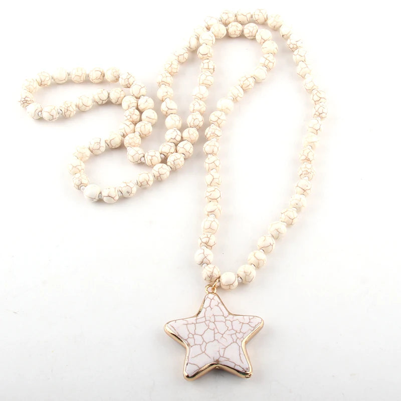 Fashion Bohemian Turquoise White Stone Long Knotted Star Pendant Necklace