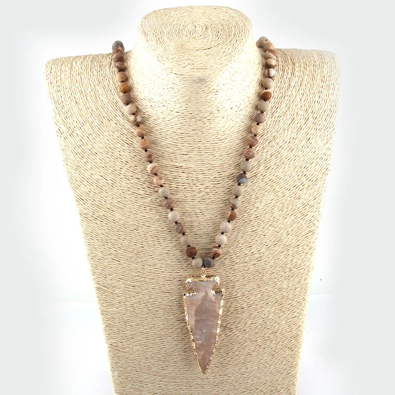 New Fashion Bohemian Tribal Jewelry Natural Stone Knotted Necklaces Arrowhead Pendant Women Ethnic Necklace