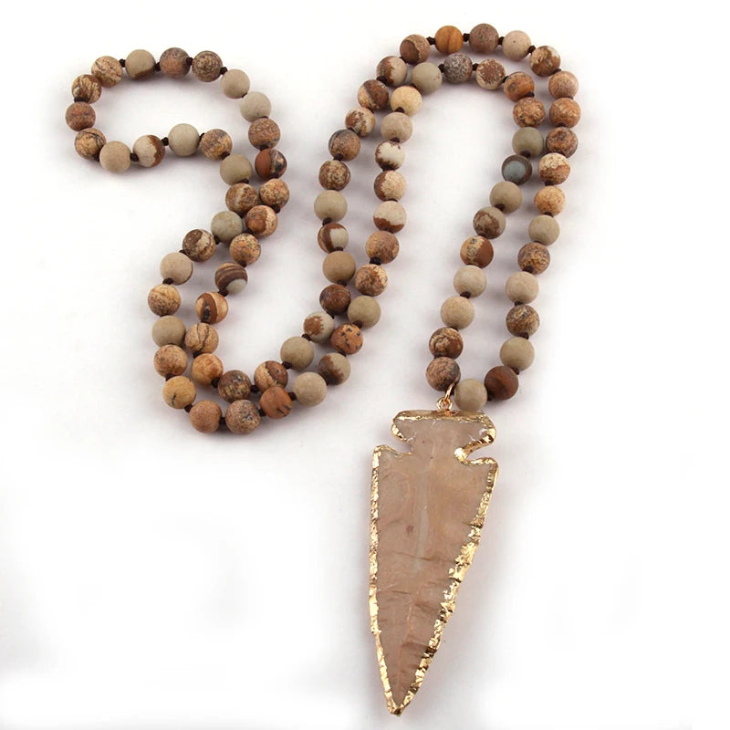 New Fashion Bohemian Tribal Jewelry Natural Stone Knotted Necklaces Arrowhead Pendant Women Ethnic Necklace