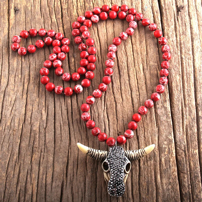 Fashion Boho Women Jewelry Empire Stones Long Knotted Necklace Resin Bull Head Pendant Necklaces
