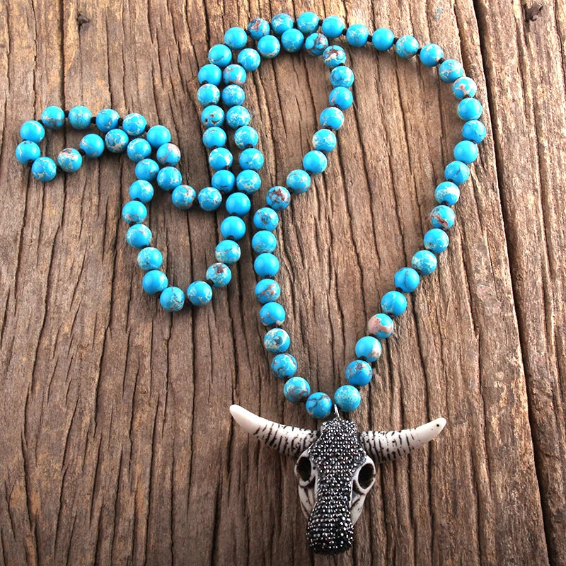 Fashion Boho Women Jewelry Empire Stones Long Knotted Necklace Resin Bull Head Pendant Necklaces