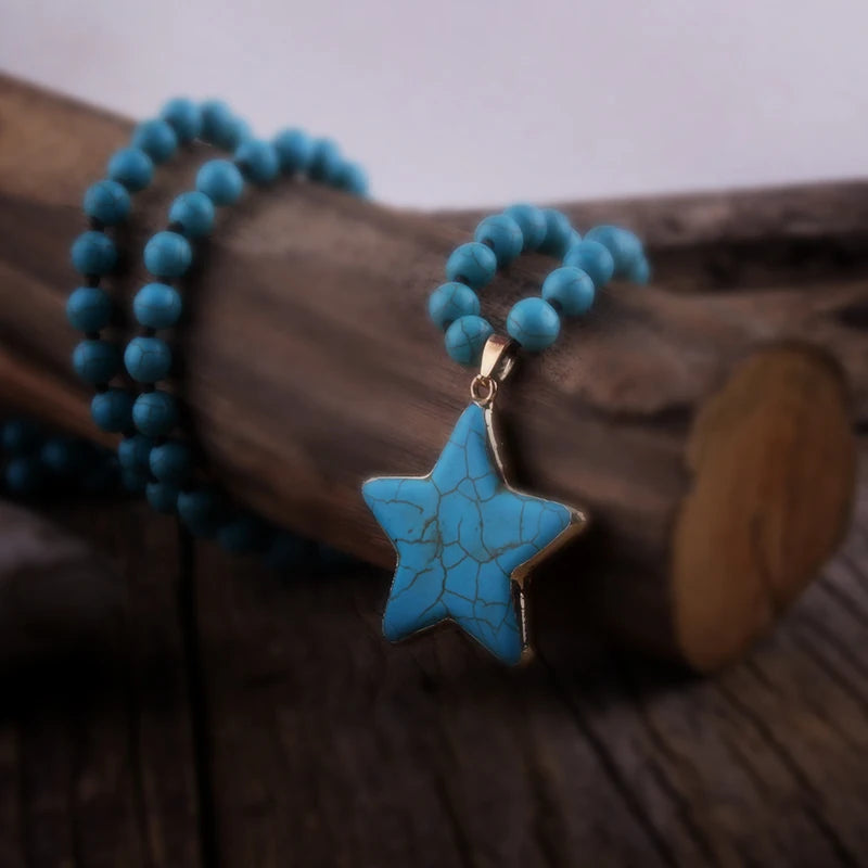 Fashion Bohemian Turquoise White Stone Long Knotted Star Pendant Necklace