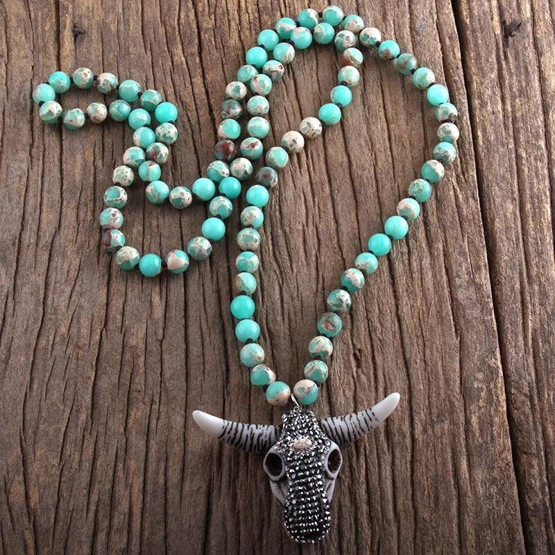 Fashion Boho Women Jewelry Empire Stones Long Knotted Necklace Resin Bull Head Pendant Necklaces