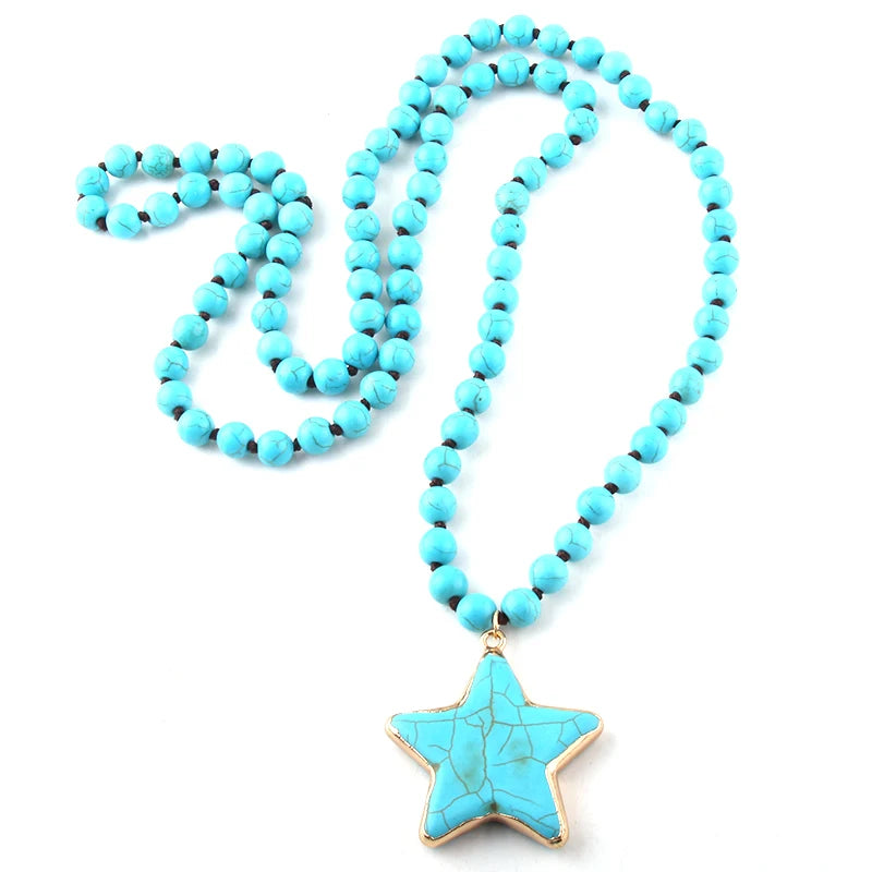 Fashion Bohemian Turquoise White Stone Long Knotted Star Pendant Necklace