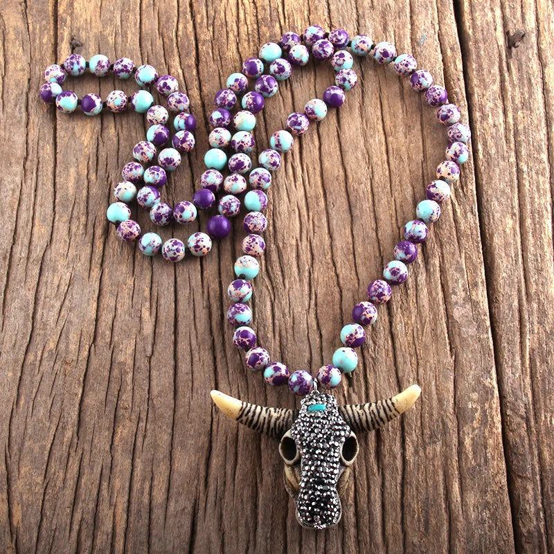 Fashion Boho Women Jewelry Empire Stones Long Knotted Necklace Resin Bull Head Pendant Necklaces