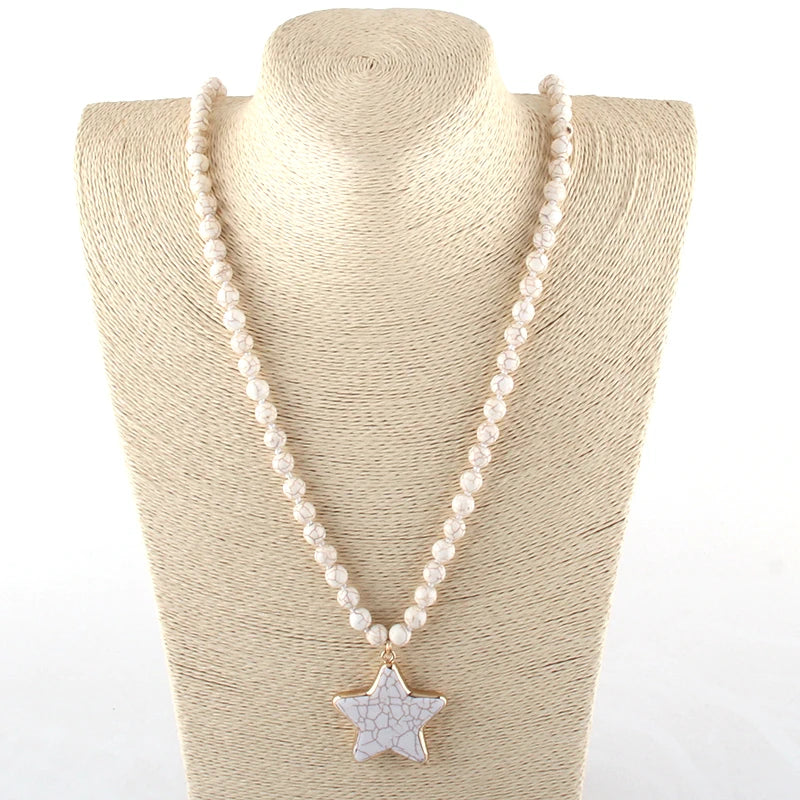 Fashion Bohemian Turquoise White Stone Long Knotted Star Pendant Necklace