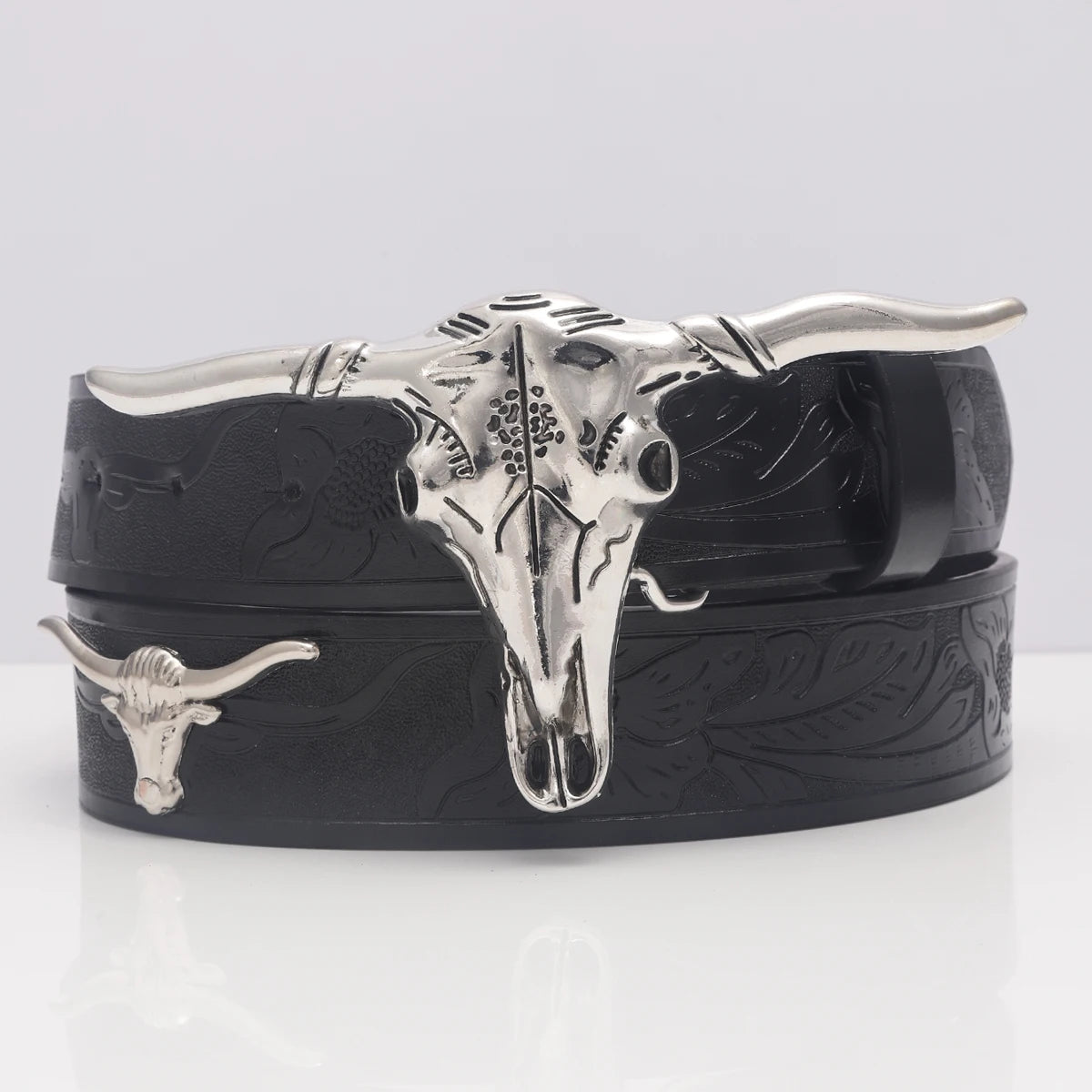 Western Cowboy Pu Leather Belt  Black Belt with Long Horn Bull Western Belt Buckle