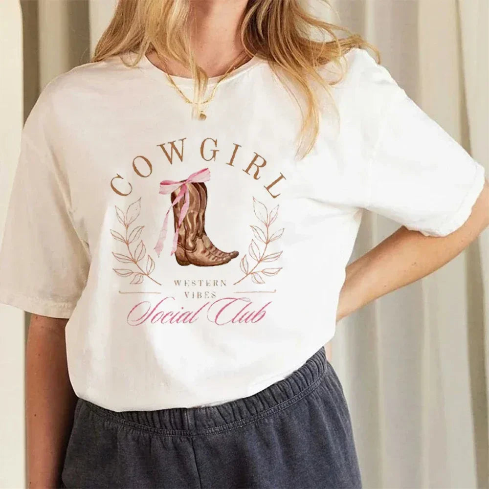 Coquette Cowgirl Boots Trendy Printed T-Shirt Short Sleeved Short Sleeved Printed Basic Top Clothing O-Neck Summer New T-Shirt.