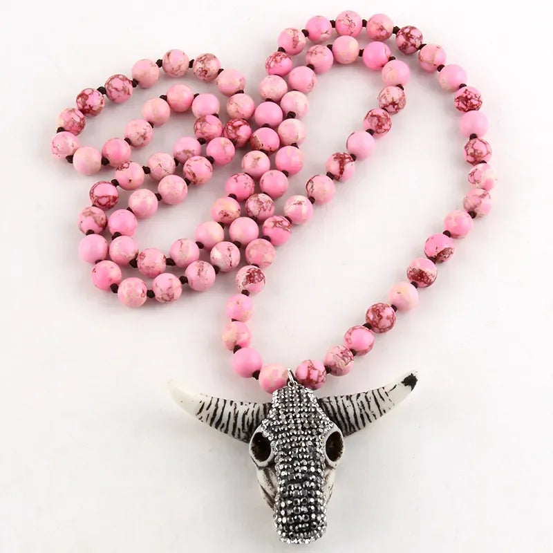 Fashion Boho Women Jewelry Empire Stones Long Knotted Necklace Resin Bull Head Pendant Necklaces