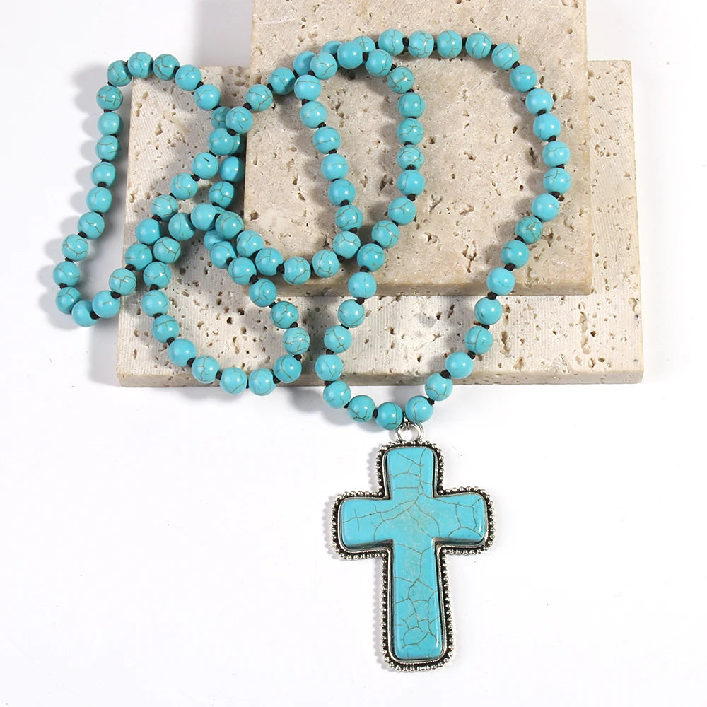 Bohemian western Jewelry 8mm Stone Knotted Cross Pendant Necklace For Women