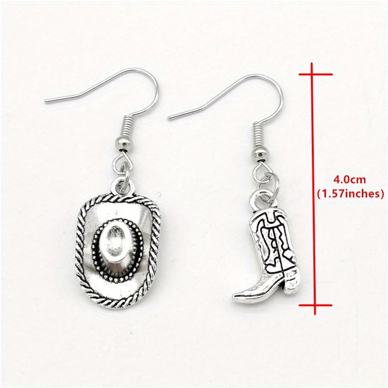 Vintage Style Silvery Cowboy Hat Earrings Cowgirl Boot Pendant Dangle Earrings for Women