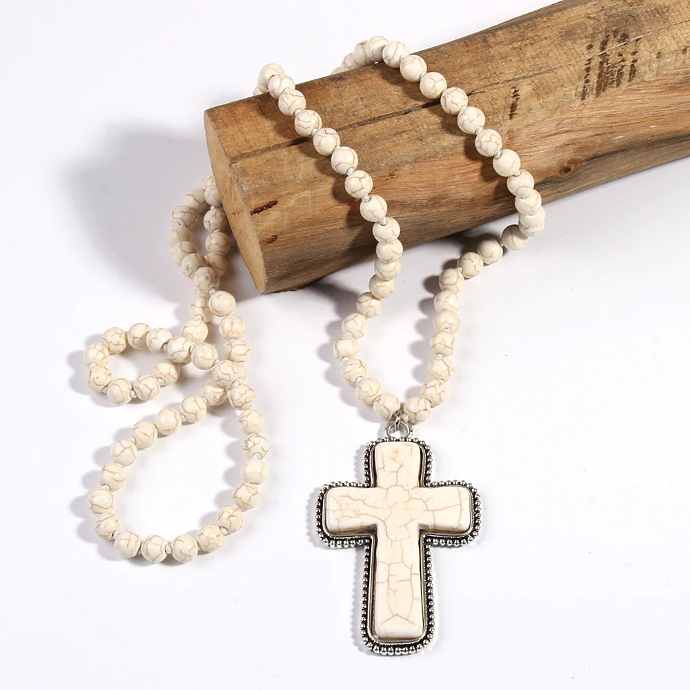 Bohemian western Jewelry 8mm Stone Knotted Cross Pendant Necklace For Women