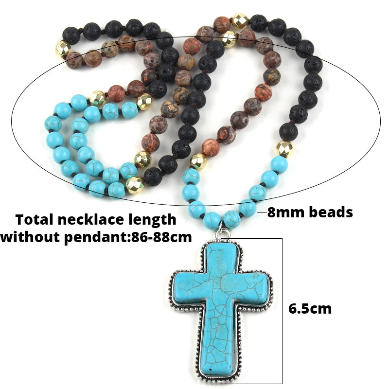Bohemian western Jewelry 8mm Stone Knotted Cross Pendant Necklace For Women