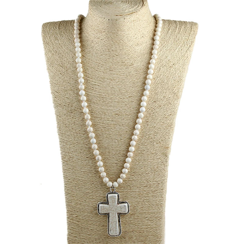 Bohemian western Jewelry 8mm Stone Knotted Cross Pendant Necklace For Women