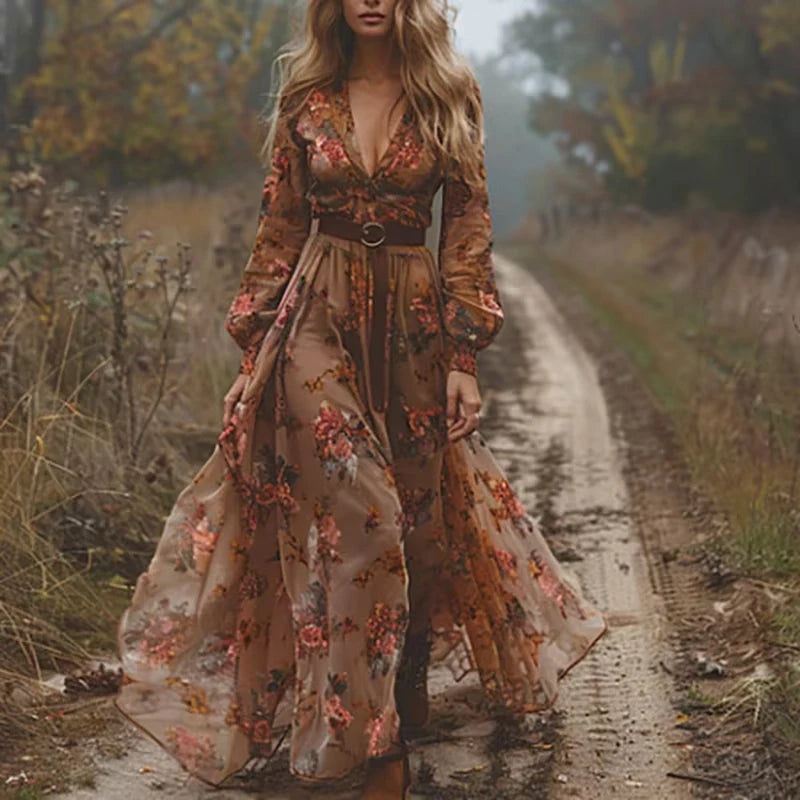 Vintage Pattern Printed Long Sleeved Women's Dress Casual V-neck High Waist Pleated Dress Elegant Loose Bohemian