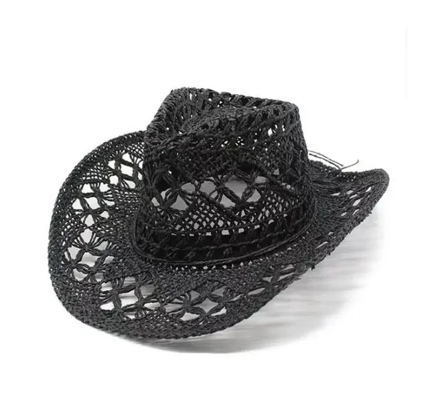 Straw Western Cowboy Hat for Women Men Classic Hollow Out Unisex Curled Wide Brim