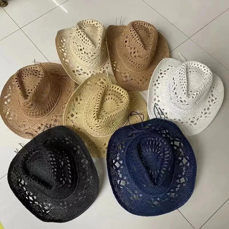 Straw Western Cowboy Hat for Women Men Classic Hollow Out Unisex Curled Wide Brim